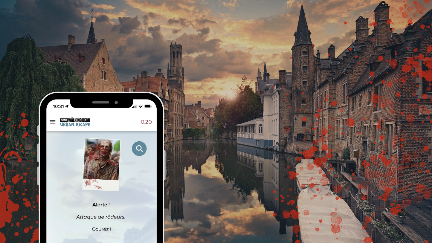 Équipe affrontant des rôdeurs dans un jeu de piste inspiré de The Walking Dead à Bruges