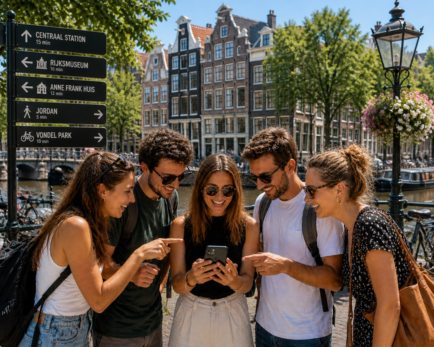 Joueurs dans les rues ensoleillées d'Amsterdam faisant l'escape game outdoor magie
