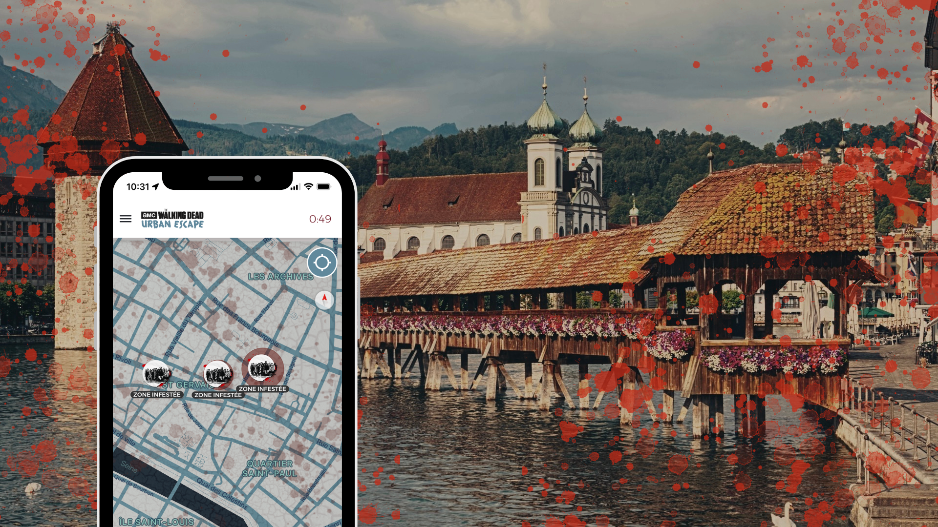 Escape game urbain à Lucerne sur le thème de la survie face à une attaque zombie, en partenariat avec AMC