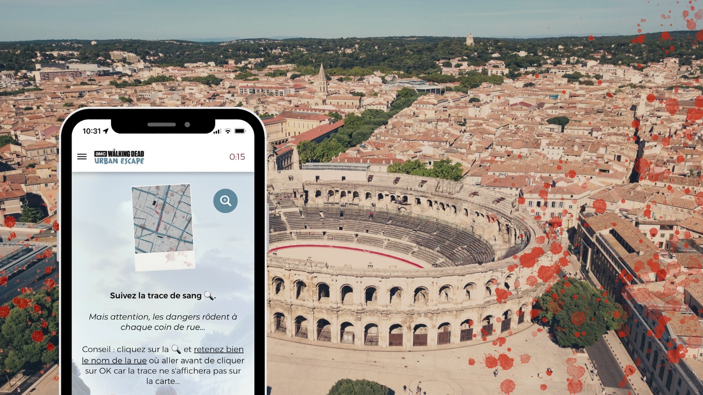The Walking Dead Nimes Équipe affrontant des énigmes en extérieur dans un univers post-apocalyptique

