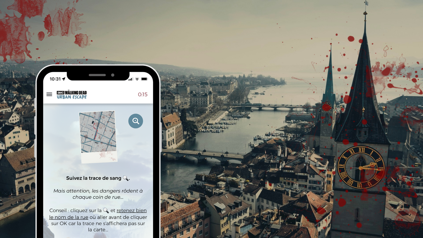 Équipe affrontant des rôdeurs dans un jeu de piste inspiré de The Walking Dead à Zurich