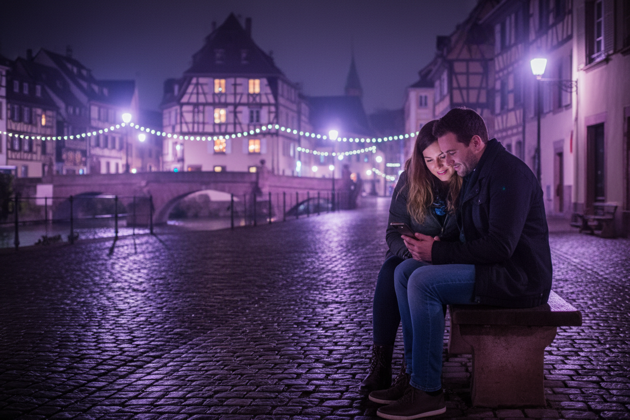 couple qui joue sur un smartphone de nuit dans Strasbourg ils s'aiment ambiance violettte et bleutée