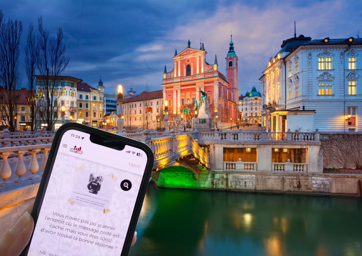 Escape game en plein air à Lubljana sur le thème d’un braquage, jeu de piste collaboratif avec énigmes, missions chronométrées et scénario immersif.