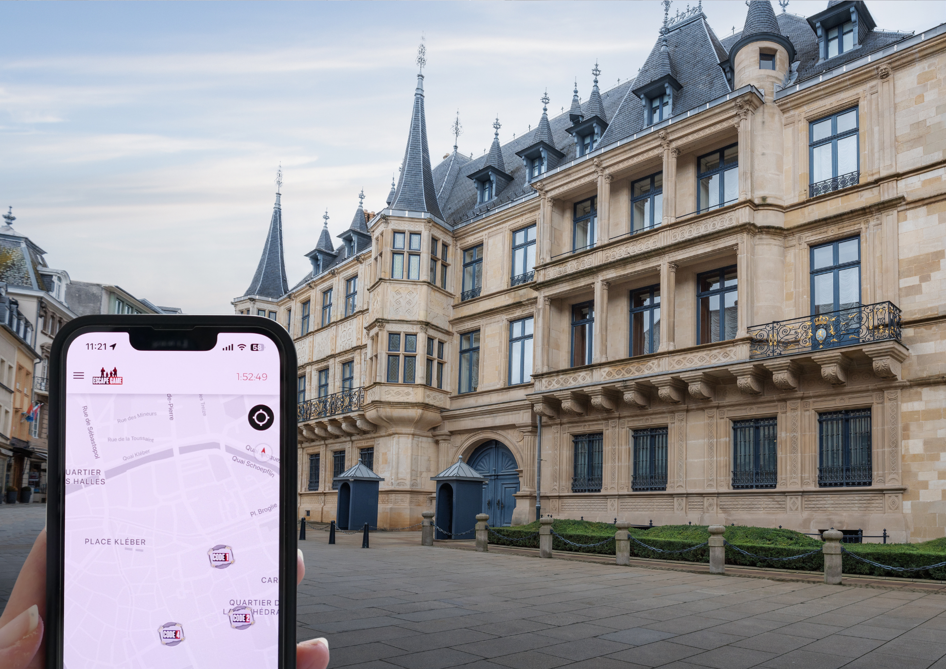 Escape game urbain Braquage dans la ville à Luxembourg : jeu de piste interactif et team building, défis et énigmes immersives au cœur de la ville pour groupes et entreprises.